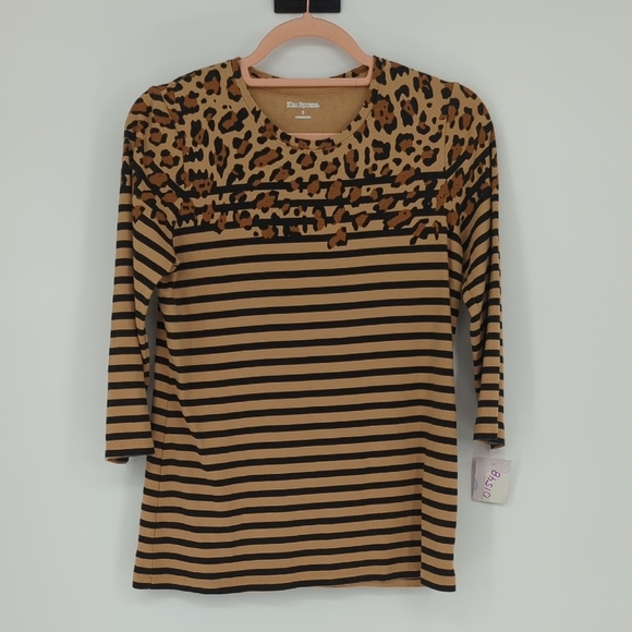 01548 Kim Rogers Striped Animal Print Top Brown Size Small coastalcore preppy - Picture 1 of 5
